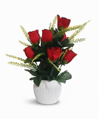 sundra Artificial Red Roses in a White Ceramic Pot in Ribbed White Ceramic Vase Red Rose Artificial Flower  with Pot(28 cm, Pack of 1, Flower with Basket)