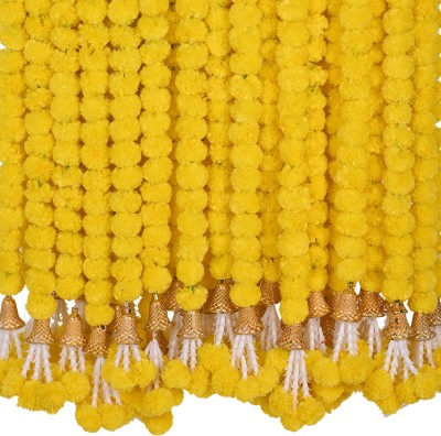 Therama Golden Bells 5 strings with 150 flowers Yellow Marigold Artificial Flower(60 cm, Pack of 150, Garlands)