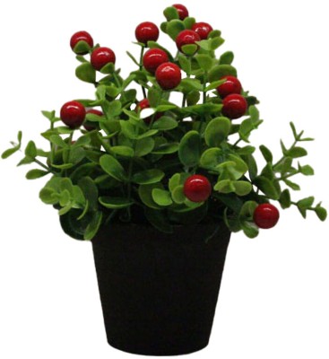 Amflix Artifical Bonsai Flower Plant With Pot -Green Red Wild Flower Artificial Flower(6 inch, Pack of 1, Flower Bunch)