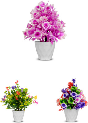 mogal Artificial Plant For Home/Office Table Decoration or Gift ( Pack of 3, 7inch) Pink Wild Flower Artificial Flower  with Pot(6.8 inch, Pack of 17, Flower with Basket)