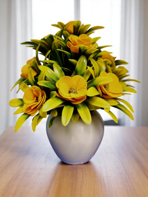 oms Artificia Velvetl Flower Pot Apple Shaped for Your Home Decoration Green, Yellow Rose Artificial Flower  with Pot(22 cm, Pack of 1, Flower with Basket)