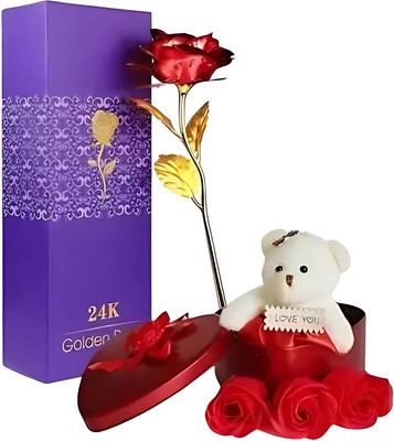 LoveGift Red Golden Rose with Heart Shape Gift Box | Love Gift Set Red Rose Artificial Flower(25 cm, Pack of 1, Single Flower)