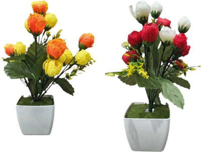 MAARKEE Artificial plastic plant Multicolor Rose Artificial Flower  with Pot(28 cm, Pack of 13, Flower Bunch)