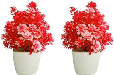 ds Artificial red flower pot ( Red , Pack of 2) Red Ballmum Artificial Flower  with Pot(8 inch, Pack of 2, Flower with Basket)