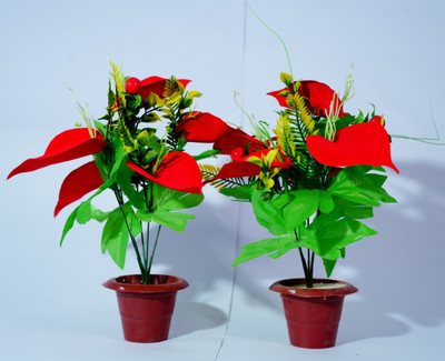 Faarahan Elegant Wild Red Artificial Flower Pot Red Wild Flower Artificial Flower(40 cm, Pack of 2, Flower Bunch)