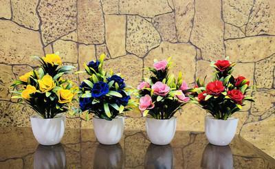 Ryme Small Size Pack Of 4 Bonsai Wild Artificial Plant  with Pot(16 cm, Multicolor)