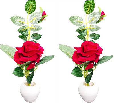 Daissy Raise Red Rose Artificial Flower  with Pot(15 cm, Pack of 2, Flower Bunch)