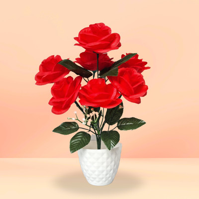 clotheer Realistic Red Rose Artificial Flower  with Pot(30.5 cm, Pack of 1, Flower Bunch)