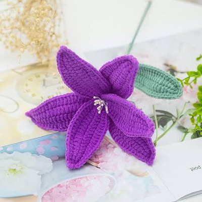 priti creation Crochet Lily Flower – Knitted Cotton Bloom with Yellow Stamens & Green Leaf Purple Lily Artificial Flower(7 cm, Pack of 1, Single Flower)