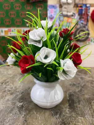 Lampova Artificial flowers White, Green, Red Rose Artificial Flower  with Pot(13 cm, Pack of 1, Flower with Basket)