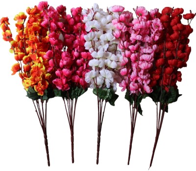 Hidooa Artificial Cherry Blossom Flower Bunch For Decoration 7 Sticks Each Bunch Red, White, Pink, Maroon, Orange Cherry Blossom Artificial Flower(55 cm, Pack of 5, Flower Bunch)