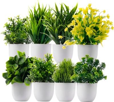 Ryme Set Of 8 Mini/Small Green Wild Flower Artificial Flower  with Pot(6 inch, Pack of 8, Flower Bunch)
