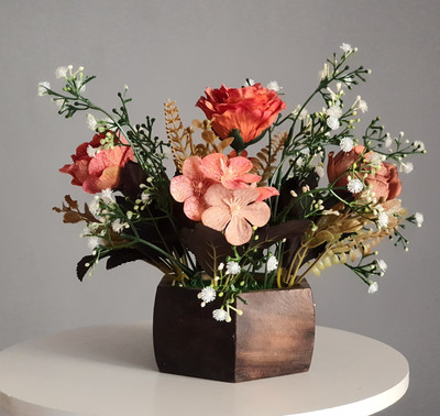 Litleo wooden pot mix design flower for home office gift Orange Rose Artificial Flower  with Pot(7 inch, Pack of 1, Flower with Basket)