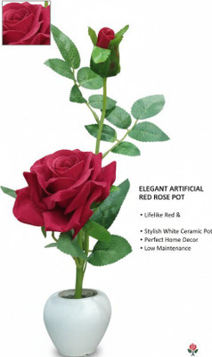 abhi Red Rose Artificial Flower  with Pot(16 cm, Pack of 1, Single Flower)