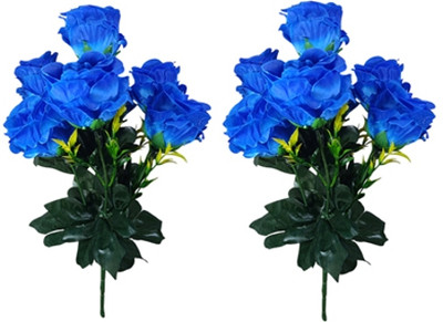 Bloom Boom 7STICKS/BLUE.ROSE./ARTIFICIAL FLOWERS BUNCH FOR HOME DECORATION Blue Rose Artificial Flower(35 cm, Pack of 2, Flower Bunch)