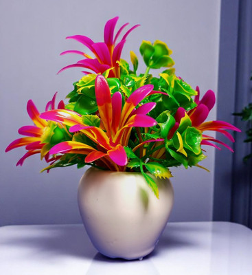 oms Artificial Rose Flower Pot Apple Shaped for Your Home Decoration Green, Pink Rose Artificial Flower  with Pot(22 cm, Pack of 1, Flower with Basket)