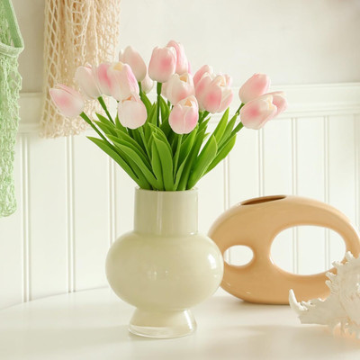 ALIZA Decorative Artificial Tulip Flowers for Home Decoration. Livingroom. Bedroom Pink, Beige Tulips Artificial Flower(34 cm, Pack of 10, Single Flower)