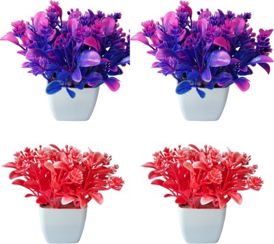 Omsa Arts Red, Blue And Multicolor Fake Plants With vase for Home Decor Multicolor, Blue, Red, Multicolor Wild Flower Artificial Flower  with Pot(9 cm, Pack of 4, Flower with Basket)