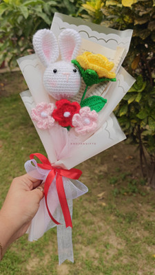 Knotsngifts Knotsngifts crochet bunny with yellow rose bouquet Multicolor Rose Artificial Flower(20 cm, Pack of 1, Flower Bunch)