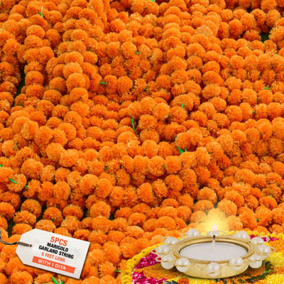 Averon Marigold Garlands (5 Pcs, 5 ft) + 1 Diya. Perfect for Diwali, Navratri, Pooja. Orange Marigold Artificial Flower(60 cm, Pack of 5, Garlands)