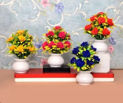 KanRaj Natural Looking Rose Flower Plant, Bonsai Wild Artificial Plant with Pot Multicolor Rose Artificial Flower  with Pot(8 inch, Pack of 4, Flower with Basket)
