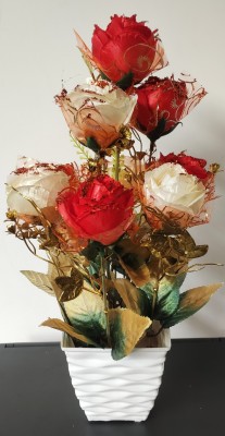 BAARIG Beautiful Imported Dry Onion Red, White Rose Artificial Flower  with Pot(15 inch, Pack of 10, Flower with Basket)