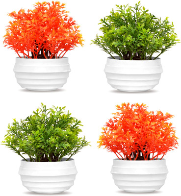 NERAPI MixUP 4 Piece Coriander Leaf Wild Grass Flower Plant | Orange, Green Wild Flower Artificial Flower  with Pot(5.5 inch, Pack of 4, Flower with Basket)