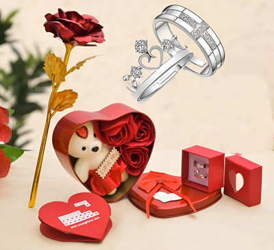 LoveGift Red Rose Gift with Heart Shaped Gift Box, Couple Ring & Love Card Red, Gold Rose Artificial Flower(25 cm, Pack of 1, Single Flower)