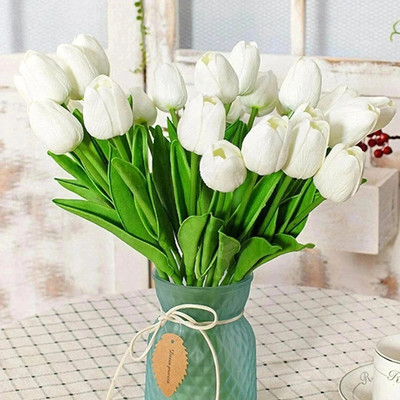 TIED RIBBONS 5 pcs Artificial Tulip Flowers for Vase Pot Home Decorations White Tulips Artificial Flower(34 cm, Pack of 5, Flower Bunch)