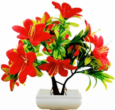sunever Lily Artificial Flower Bonsai Plant for Home Decor | Office Decor | Red Lily Artificial Flower(9 inch, Pack of 1, Flower with Basket)