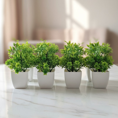 HOKIRA Pack of 8 Artificial Green Plants with White Pot for Home, Office & Table Decor, Green Wild Flower Artificial Flower  with Pot(15 cm, Pack of 8, Flower Bunch)