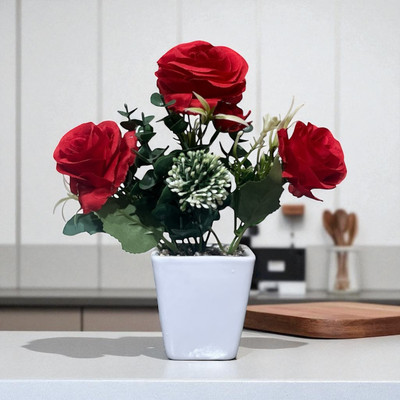 HOMEHARMONY Artificial Rose Flower pot | Decorative Pot for Home, Office, Bedroom & Gifting Red Rose Artificial Flower  with Pot(22 cm, Pack of 1, Flower Bunch)