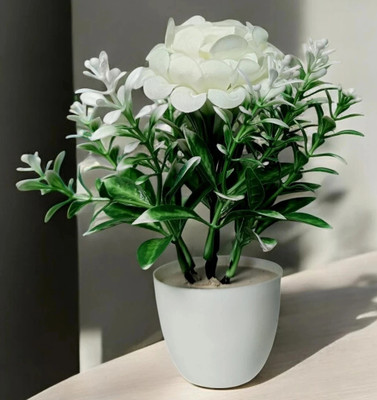 oms Paper Rose Artificial Flower Pot for Indoor Home Decoration White Marigold Artificial Flower  with Pot(18 cm, Pack of 1, Single Flower)