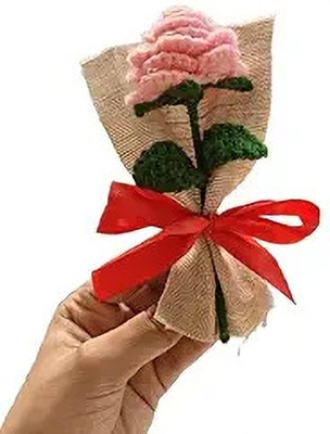 priti creation Handmade Crochet Pink Rose Bouquet with Red Ribbon Multicolor Rose Artificial Flower(7 cm, Pack of 1, Single Flower)