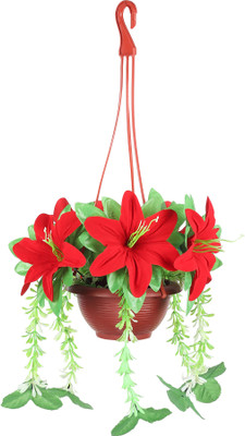 ADIRSA Artificial Red Lily Hanging Flower Perfect for Wall Hanging, Home & Bedroom Red Lily Artificial Flower  with Pot(10 inch, Pack of 1, Flower with Basket)