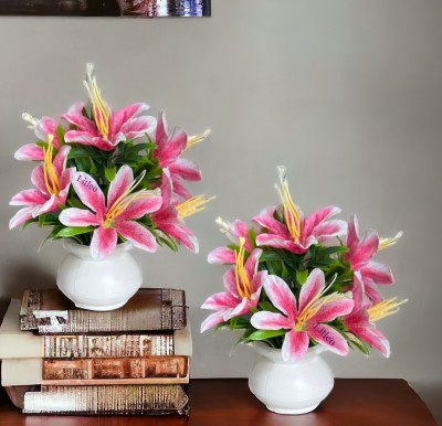 Litleo Set of 2 For Home office table shelf decor,gift,art,project Pink Lily, Ballmum Artificial Flower  with Pot(13 cm, Pack of 2, Flower with Basket)