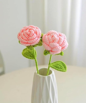 priti creation Crochet Shaded Rose Knitted Cotton Bloom with Pink Stamens & Green Leaf Pink Rose Artificial Flower(10 cm, Pack of 1, Single Flower)