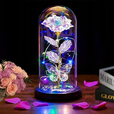 GELAI ENTERPRISE Rose Flower With Leaf And Butterfly Colorful Rainbow Rose In Glass Dome Multicolor Rose Artificial Flower(22 cm, Pack of 1, Single Flower)