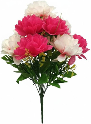 SaSoLok Premium Artificial Pink and White Peony/Lotus Flower Bunch (12 Heads) Pink, White Cosmos Artificial Flower(32 cm, Pack of 12, Flower Bunch)