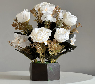 Litleo Wooden Pot with Multi-Design Dry Perfect Home Office Gift, Elegant Décor Delight White Rose Artificial Flower  with Pot(26 cm, Pack of 1, Flower with Basket)