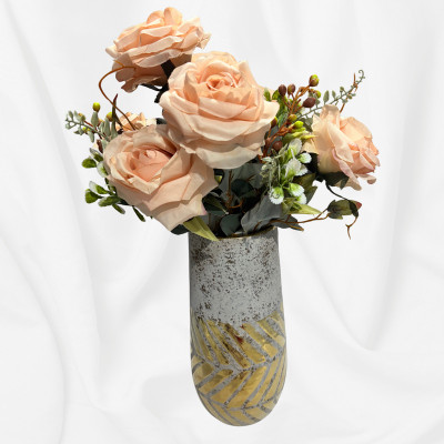 Siyara Creations Artificial Flower Bunch for Home Table Vase Décor (Big Pot, 1 Pc) Beige Rose Artificial Flower(45 cm, Pack of 1, Flower Bunch)