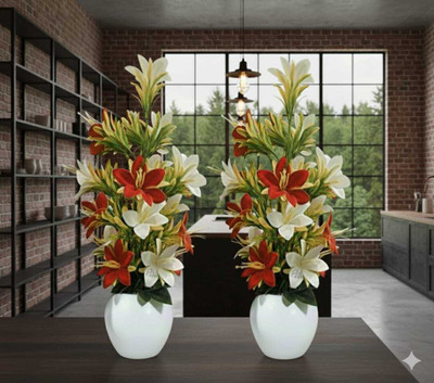 AartPush Premium Quality Artificial Lily Flowers With Pot (Pack of 2) For Decoration Multicolor Lily Artificial Flower with Pot(30 cm, Pack of 2, Flower with Basket)