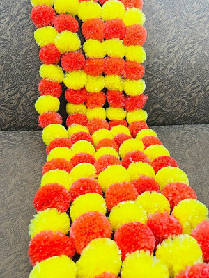 THESHHAPIRE Artificial Fluffy Marigold Flower/Genda Phool Set for Wedding & Festivals Diwali Orange, Yellow Marigold Artificial Flower(4.7 cm, Pack of 5, Garlands)