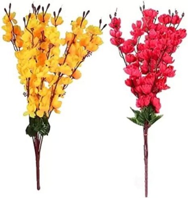 zoanto Yellow, Pink Orchids Artificial Flower(55 cm, Pack of 2, Flower Bunch)