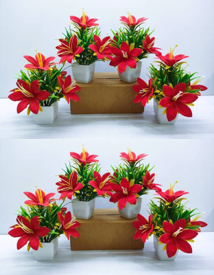 NERAPI Lovly Red Unique Design Bonsai Lily Wild Flower Plant Perfect Decor Piece | Red Lily Artificial Flower  with Pot(17.5 cm, Pack of 8, Flower with Basket)