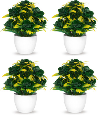 NERAPI Set of 4 Stylish Roses Flower Perfect Indoor/Outdoor Décorative Piece, Green Rose Artificial Flower  with Pot(7 inch, Pack of 4, Flower with Basket)