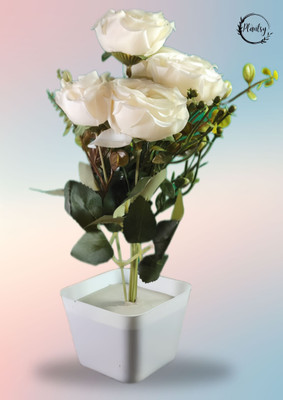 Plantsy Plantsy White Rose Plant with Designer Pot | 18 Inch Decorative Bonsai White Rose Artificial Flower  with Pot(28 cm, Pack of 1, Flower Bunch)