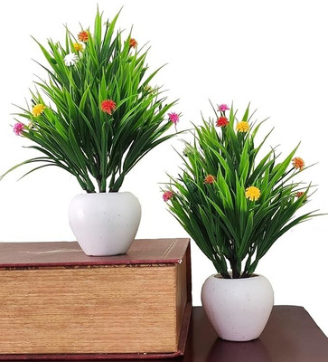 Ukv collection new green grass55 Green Wild Flower Artificial Flower  with Pot(10 cm, Pack of 2, Flower with Basket)