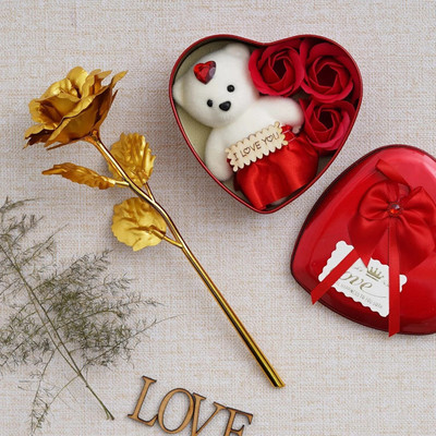 LoveGift Golden Rose with Heart Shape Gift Box | Rose Gift | Love Gift Set Red Rose Artificial Flower(25 cm, Pack of 1, Single Flower)