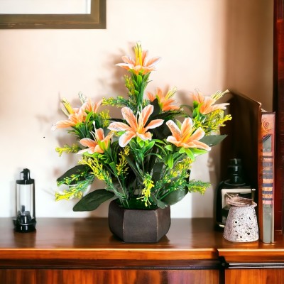 Lampova Great for home office or gift with Wooden pot Orange Lily Artificial Flower  with Pot(26 cm, Pack of 1, Flower with Basket)